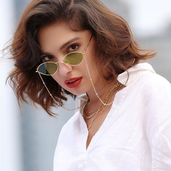 Small Frame Retro Sunnies with Chain Green Lens - Picture 1 of 4